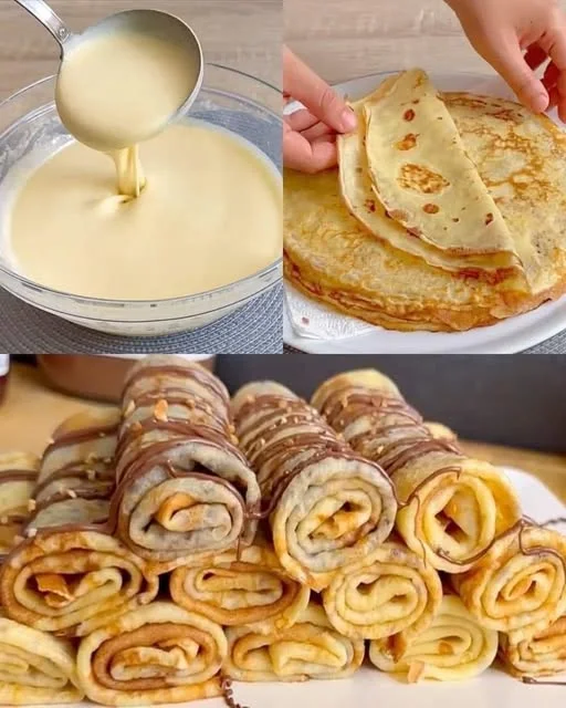Clătite subțiri și elastice rulate cu cremă de ciocolată și alune
