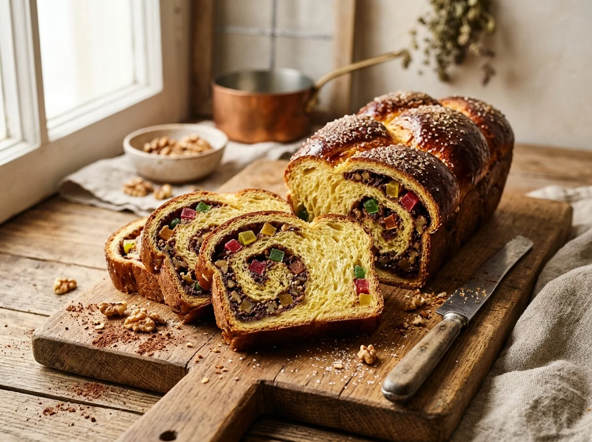 Cozonac tradițional feliat cu multă umplutură de nucă, cacao și rahat