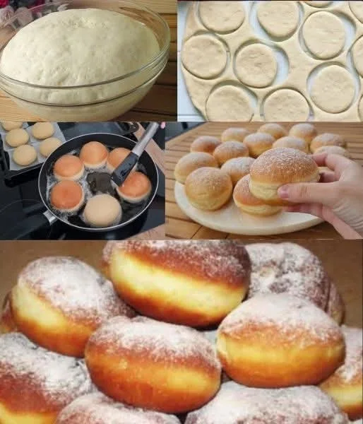 Gogoși rotunde și aurii cu inel alb pe mijloc și zahăr pudră